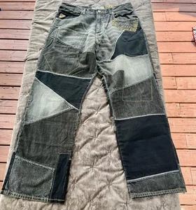 NWT AKADEMIKS Patchwork Denim Jeans 36x34 Relaxed fit streetwear pants hip hop - Picture 1 of 14