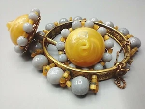 VINTAGE MIRIAM HASKELL BRACELET & EARRINGS SET- YELLOW GREY ART GLASS RARE - Picture 1 of 12