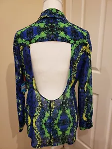 NWT Ladies Blue & Green Sheer Cut-Out Cold Back Blouse/Top, sz XS, $34, L'AMOUR - Picture 1 of 4