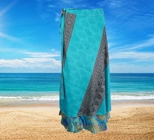 Womens Recycled Sari Wrap Skirt, Magic Wrap Skirt, Blue, Floral Double  One Size