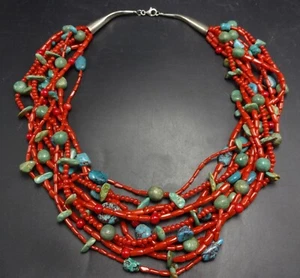 WUNDERSCHÖNE Vintage 10-Strang ALTE ROTE MEDITERRANE KORALLE & Türkis HALSKETTE - Bild 1 von 14