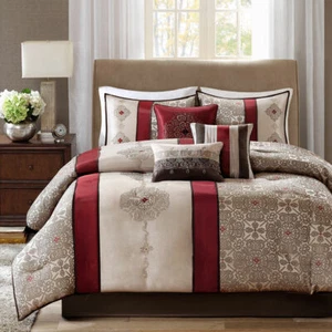 BEAUTIFUL 7 PC MODERN ELEGANT BEIGE BROWN RED GREY SCROLL TEXTURED COMFORTER SET - Picture 1 of 5