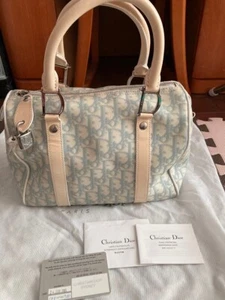 Christian Dior Trotter Blue Silver PVC Boston Bag Handbag Used w/Padlock - Picture 1 of 14