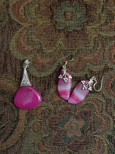 Echt rosa Drusy Achat Anhänger/Ohrring Set. Gestempelt 925 schönes Set - Bild 1 von 3