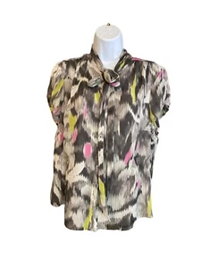Jones Wear Womens Blouse 14 Multicolor Abstract Tie Neck Short Sleeve Corpcore - Picture 1 of 7