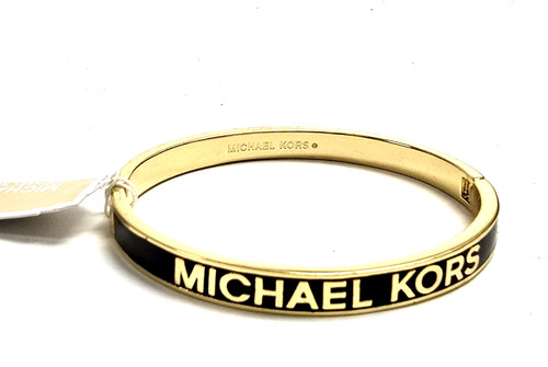 NUOVO BRACCIALETTO MICHAEL KORS TONO ORO LUCIDO SMALTO NERO LOGO 'MK' CERNIERA