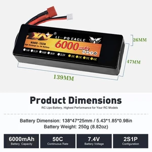 1PC 2S LiPo Battery 6000mAh 7.4V 50C T Plug for 1/8 1/10 RC Car Truck Truggy - Picture 1 of 4