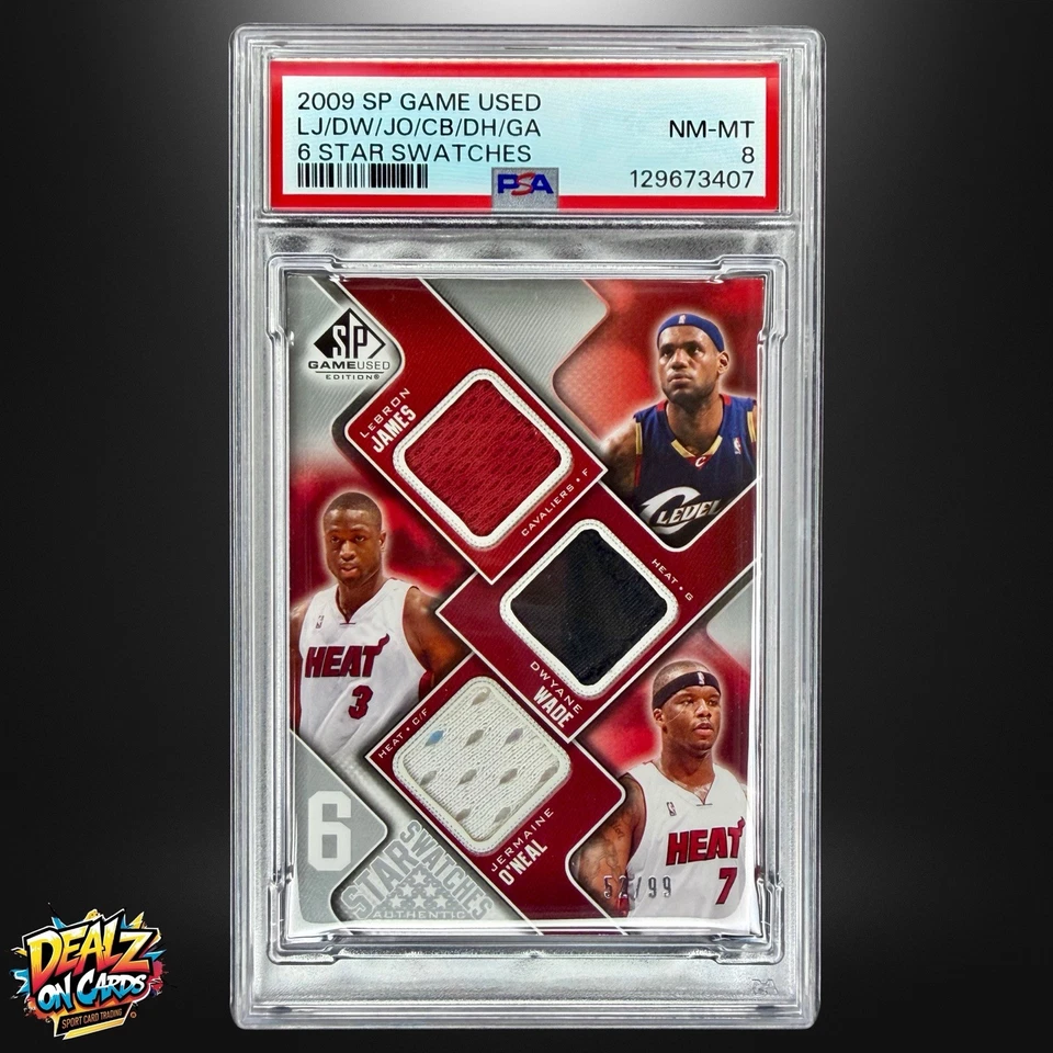 2009 SP LeBron James Dwayne Wade Bosh 6 Star Game Worn Jersey Swatches /99 PSA 8 - Image 1 of 3