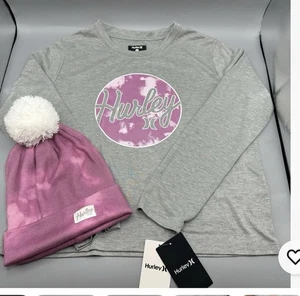 Hurley Girls LARGE Long Sleeve Shirt & Matching Beanie Gray Purple NEW - Picture 1 of 8