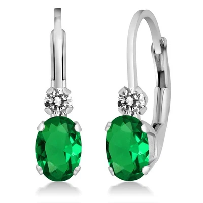 Oval Green Simulated Emerald White Diamond 0.87 Ct 14K White Gold Earrings - Image 1 of 4
