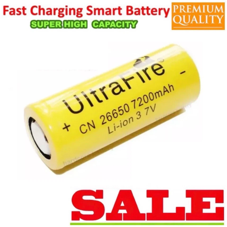 Yell UltraFire 7200mAh 26650 l3.7v 4.2V li-ion Rechargeable flat last longer - image 1 of 1