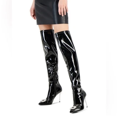 High Boots Knee Black Patent Stiletto Boots 8.5M - Image 1 of 4