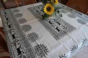 Black and White Nature Block Print Bordered Tablecloth 54" x 78" - Picture 1 of 9
