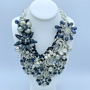 Vintage Aldo Silver Tone Beads and Crystals Runway Statement Necklace 109 - Picture 1 of 7
