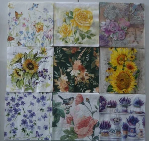 9 Servilletas Flores Florales Mariposa Girasol Lavanda Rosa Flor Silvestre Decoupage - Imagen 1 de 11