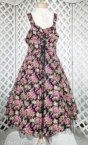 Rockabilly/Swing Dress Blk/Multi Rose Print Laced Front Expandable Dress XL - Picture 1 of 7