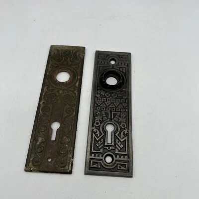 Two Antique Vintage Door Plates One Steel One Brass with Key Holes - Image 1 of 4