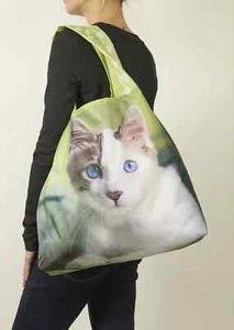 Cat Blue Eyes Reusable Shopping Bag O-Witz Feline Kitty Fold-Up Fashion New - Picture 1 of 5