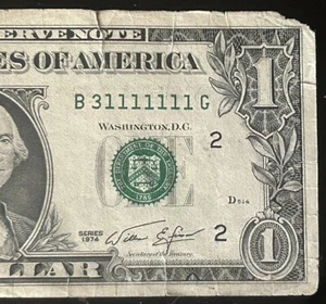 (NEAR SOLID!!) $1 *DAMAGED* Binary 7 In A Row Fancy Serial Number B31111111G - Picture 1 of 3