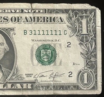 (NEAR SOLID!!) $1 *DAMAGED* Binary 7 In A Row Fancy Serial Number B31111111G - Image 1 of 3