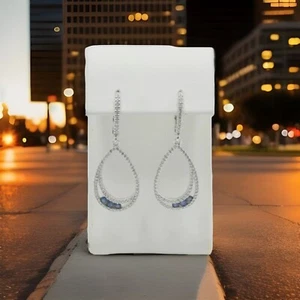 14K White Gold 3/4 CT Diamond 1/6 CT Sapphire Teardrop Drop Dangle Pave Earring - Picture 1 of 10