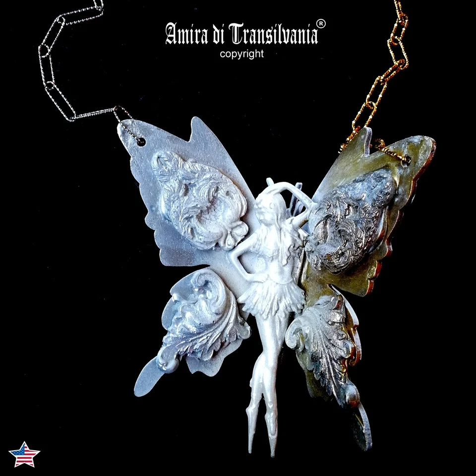 White Fairy Ballerina Pendant Butterfly Belle Epoque Jewelry Art Deco Nouveau - Image 1 of 4