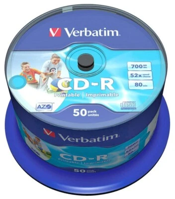 50 Genuine Verbatim Blank CD-R White CD Printable 700MB 52x 80Mins 43438 Spindle - Image 1 of 3