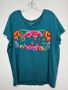 Soft Surroundings Women's 2x Teal Embroidery Love Short Sleeve T-shirt see notes - Picture 1 of 13