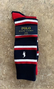 Polo Ralph Lauren Men's Socks 2 Pair Fits 10-13 Navy, White & Red Stripe $22 NWT - Picture 1 of 8