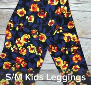 LuLaRoe Kids Leggings S/M Yellow Red Flowers Blue Leaves Black Background NWT - Picture 1 of 2