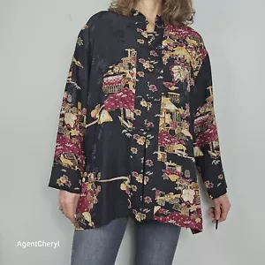 CHICOS DESIGN L 2 asiatisches Design schwarz Print Prägung Seide Tunika Bluse Chinoiserie - Bild 1 von 19