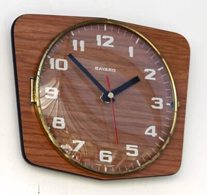 Vintage 23cm Bayard Formica Wall Clock - French Retro Mid Century Atomic Wooden - Picture 1 of 4