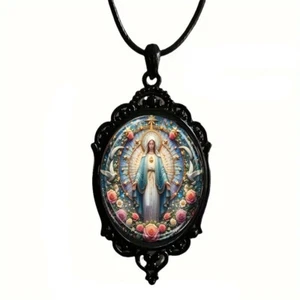 Virgin Mary Pendant Necklace with Glass Front – Alloy Black Frame, Leather Cord - Picture 1 of 8