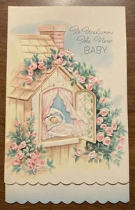 Tarjeta de felicitación de bebé recién nacido vintage años 60 bebé durmiendo en la ventana P8a - Imagen 1 de 16