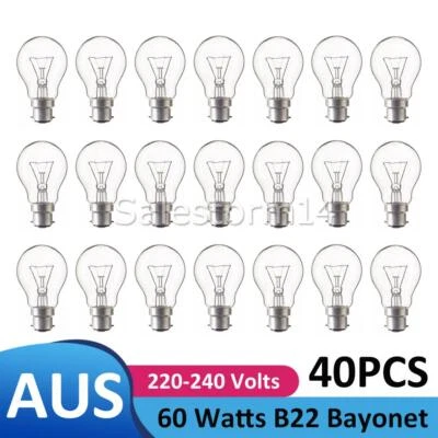 40pcs 60Watts Clear Incandescent Light Globes Bulbs B22 Bayonet Warm White - image 1 of 4