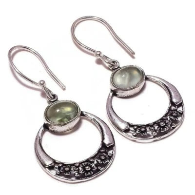 Prehnite Gemstone Silver Overlay Handmade Oxidized Flower Drop Dangle Earrings - Image 1 of 3