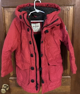 Abercrombie Kids Red Parka Jacket with Faux Fur Hood (Size 5/6) - Image 1 of 4