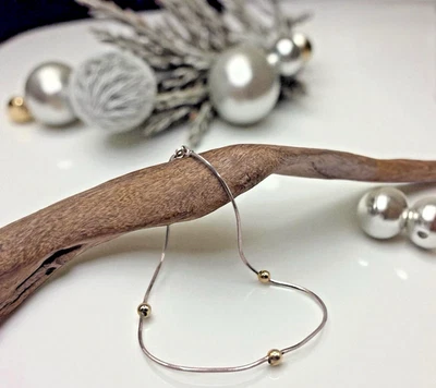 Italian Two-Tone 925 Sterling Silver 3-Bead Ball Snake Chain Anklet Bracelet, 9" - Image 1 of 4