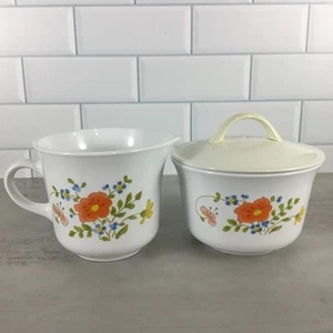Corelle Corning Wildflower Sugar Bowl with Lid & Creamer Set, Orange Flowers - Picture 1 of 10