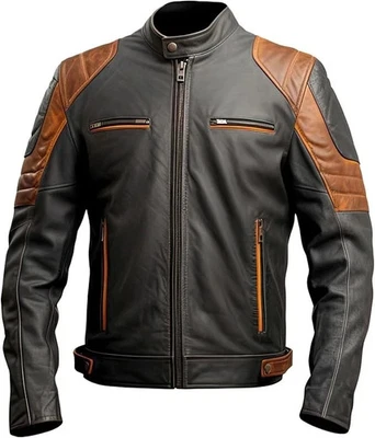 MEN'S GENUINE COWHIDE PREMIUM LEATHER MOTORCYCLE BIKER LEATHER JACKET BLACK - Image 1 of 4