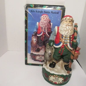 Vintage Kris Kringle Santa Musical Christmas Figurine w/ Wolf, L 11 1/4"x W 7" - Picture 1 of 12