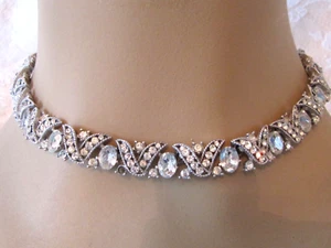 Vintage Crown Trifari Fancy SPARKLING Clear Rhinestone Necklace Silver Tone - Picture 1 of 10