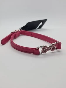 Pink Leather Dog Collar With Diamante Bone detail Fit Necks 27cm-35cm - Picture 1 of 3
