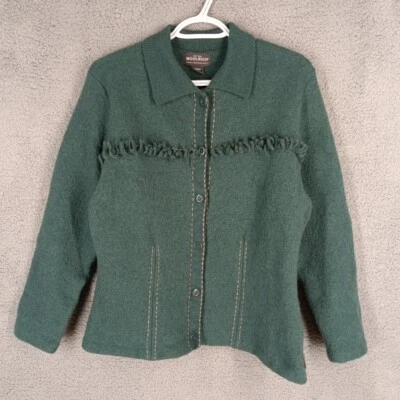 Chaqueta de lana Woolrich XL vintage para mujer lana de cordero flecos borde abotonado verde Foto 1 de 4