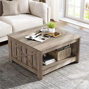 Farmhouse Square Coffee Table with Open Storage Compartment Wood Cocktail Table - Picture 1 of 31