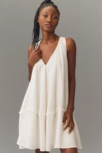 NWT ANTHROPOLOGIE V-NECK SWING TUNIC COTTON HALTER MINI DRESS WHITE L - Picture 1 of 9