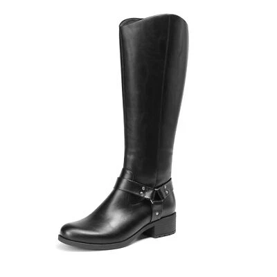 Women Motorcycle Riding Boots Low Heel Round Toe Zip Up Knee High Boots - Image 1 of 4