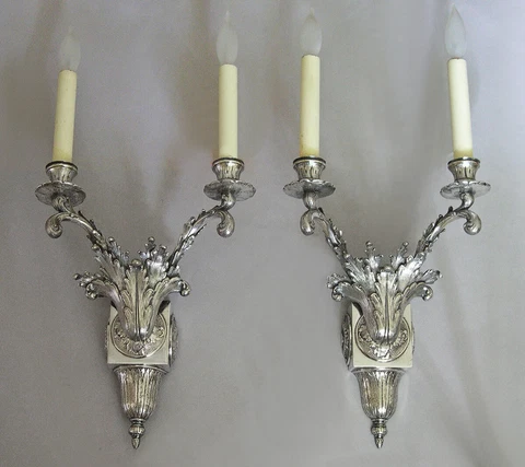 Pair Antique Rococo Revival Silverplate Wall Sconces w/ Acanthus Leaves Cover