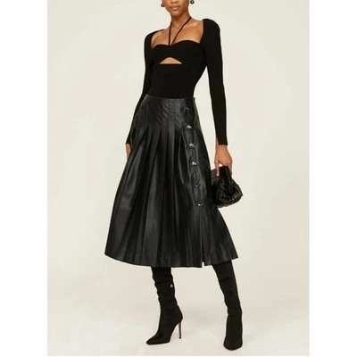 RTR Talla 34/2 Altuzarra Tullia Negro Sólido Imitación Cuero Plisado Lateral Botón Falda Foto 1 de 4