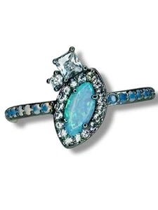 BP Ring RBP5360 “Drops Of Sparkle” Lab Grown Ice Blue Fire Opal Hematite SZ 9 - Picture 1 of 5